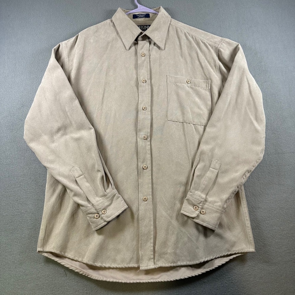 Cassini Tan Beige Long Sleeve Button Down Shirt Size M Faux Suede Feel Pocket